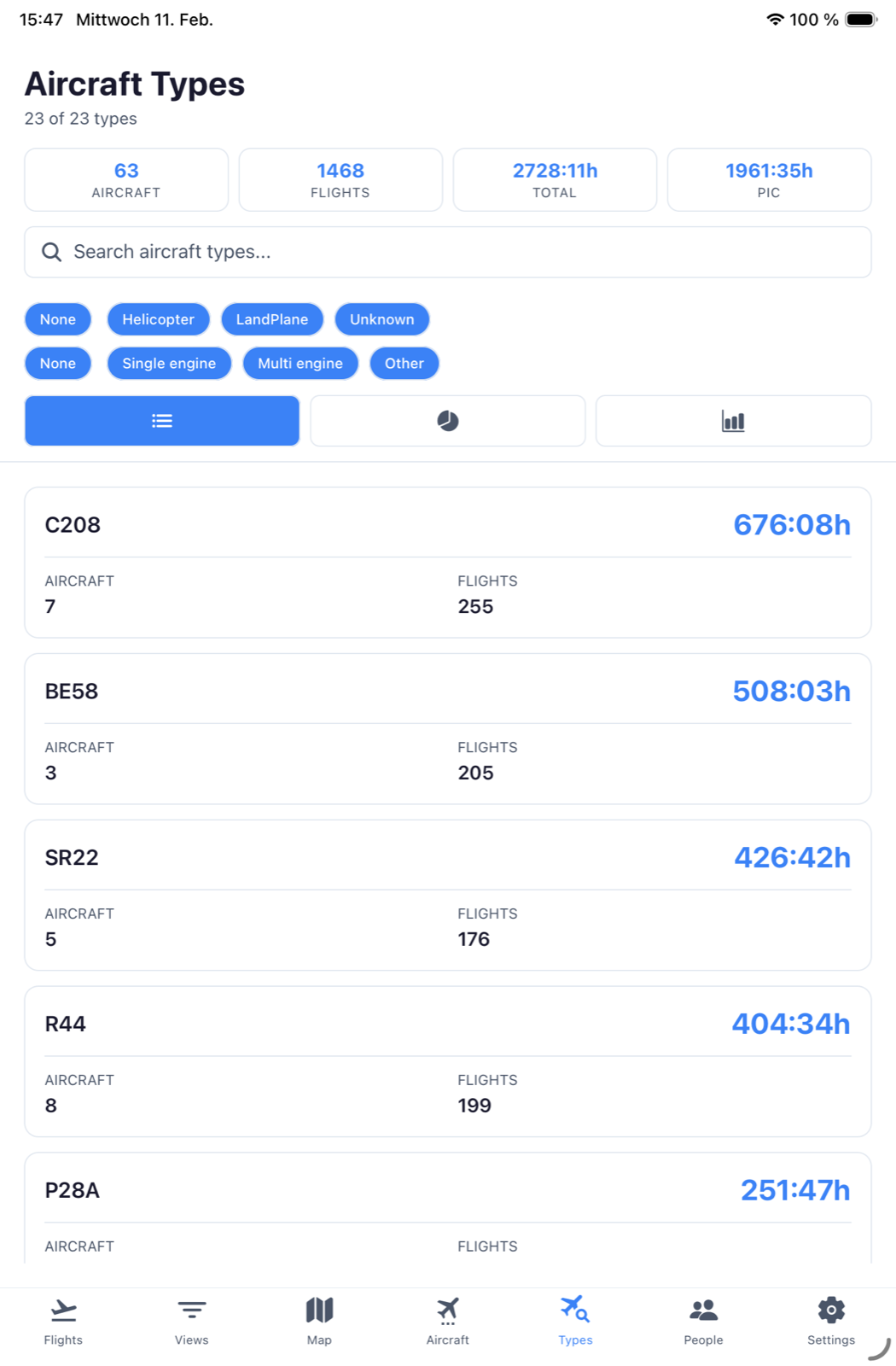 LogbookOne – Aircraft Types mit Filterung und Statistiken