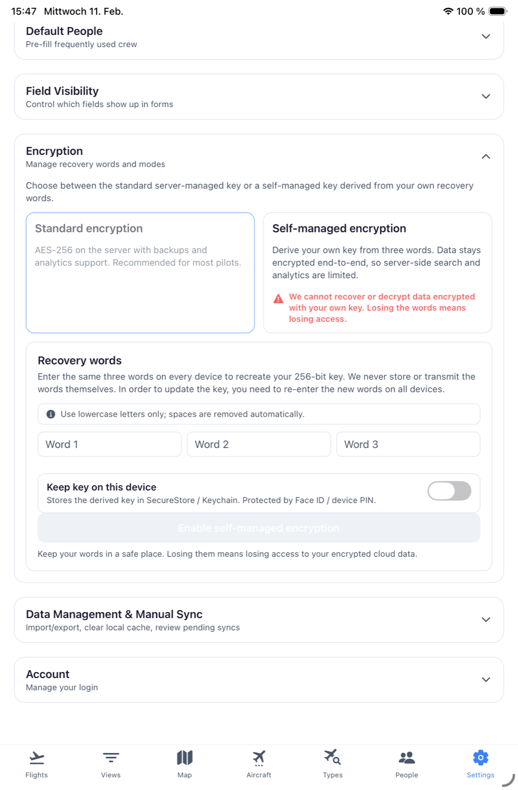 LogbookOne – Settings mit Custom Encryption und Sync-Optionen
